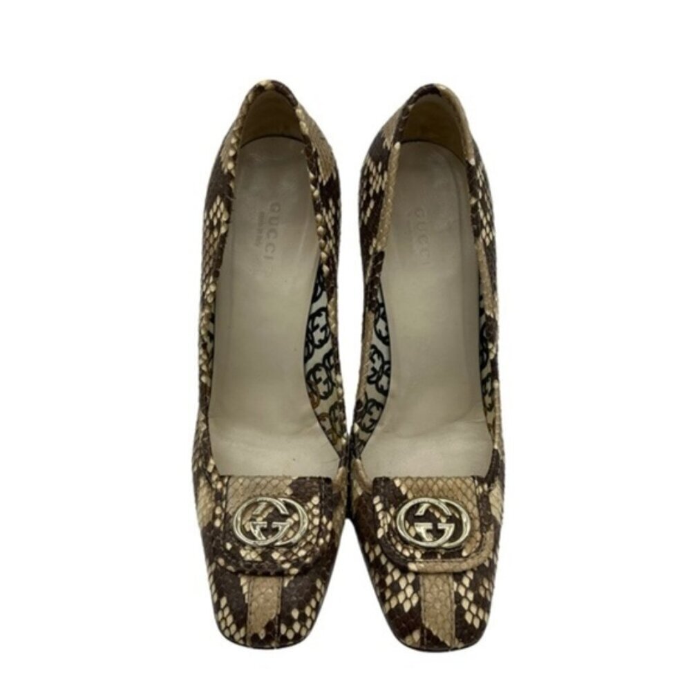 Gucciβ GG Brown Beige Python Square Toe Pumps Size 8B